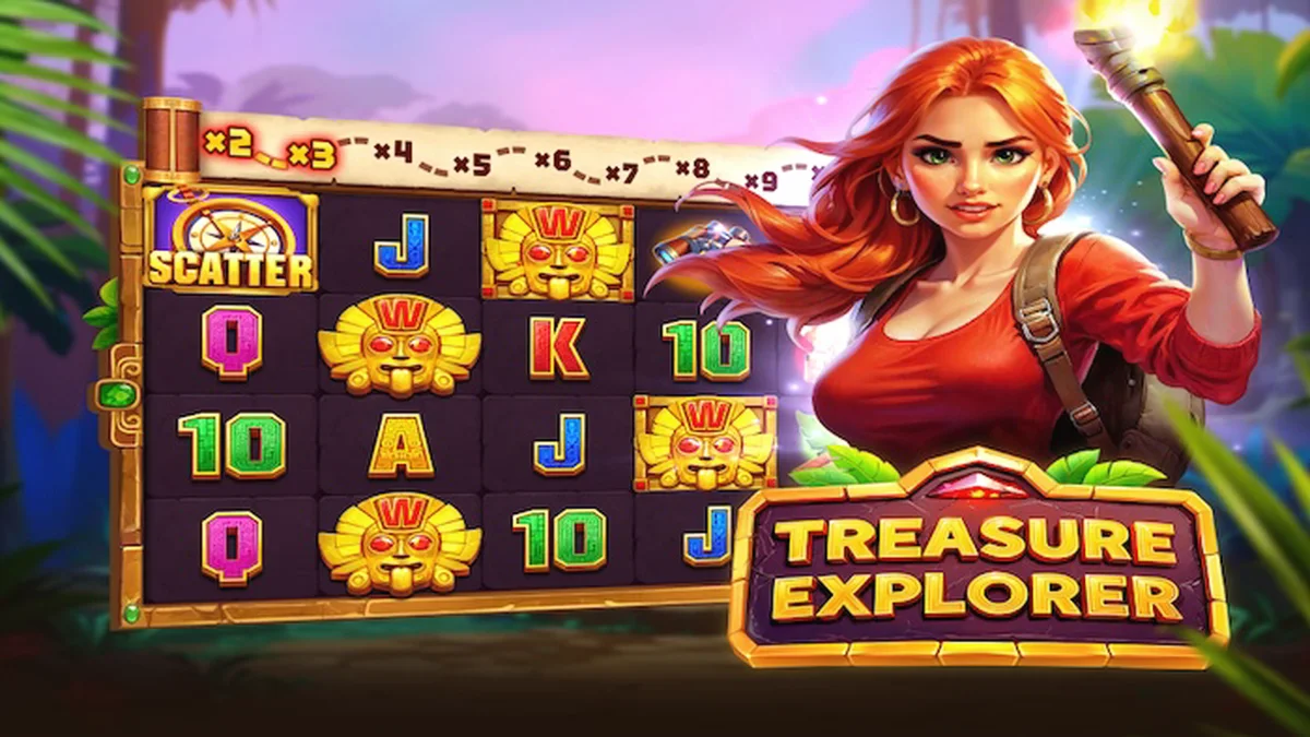 Isang mobile screen na nagpapakita ng Treasure Explorer slot game sa isang jungle setting.